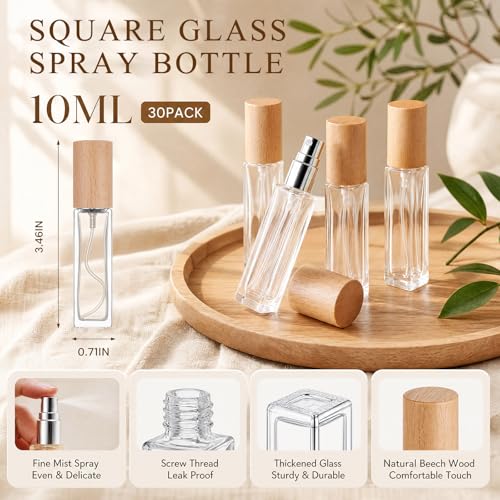 Roshtia 30 Pcs Glass Spray Bottles Beech Wood Cap 0.33oz Elegant Travel Refillable