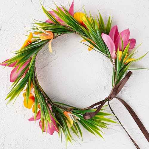 Hawaiian Leis Flower Crown - Artificial Tropical Flower Headpiece Hawaii Floral Headband with Ribbon Lei Luau Dress Up Hair Accessories for Luau Party Costume Beach Pool Vacation Decorations