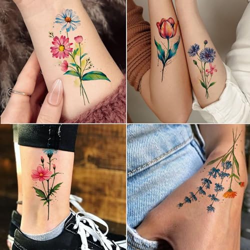 Tazimi 20 Sheets 3D Watercolor Floral Temporary Tattoos for Women