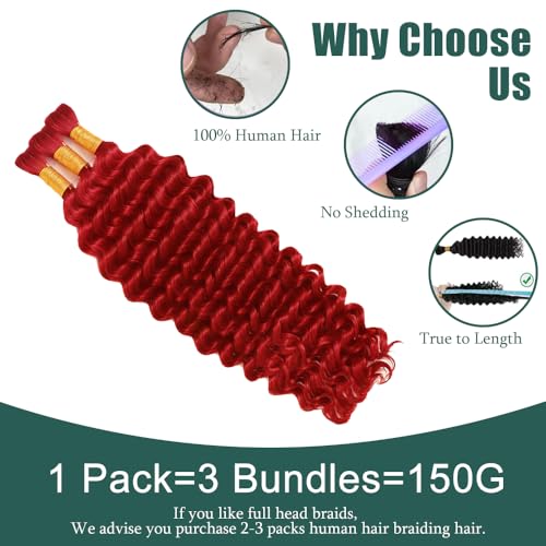 Bulk Red Boho Deep Wave Human Hair Extensions - 24 Inch Brazilian Braiding Hair, 3 Bundles