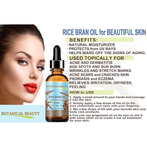 Botanical Beauty RICE BRAN OIL 100% Pure Natural Refined Undiluted Cold Pressed Carrier Oil for Face, Skin, Body, Hair, Massage, Nails. (4 Fl Oz)
