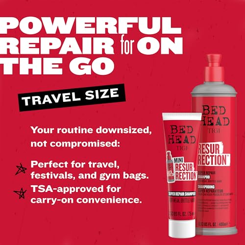 Bed Head by TIGI Resurrection Super Repair Shampoo Travel Mini ? Repairing shampoo for dry, brittle and damaged hair with added moisture and nourishment??, 2.53 fl oz (Pack of 2)