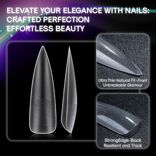 INENK No C Curve XXL Stiletto Nail Tips, Full Matte Clear Full Cover, Stiletto Flat Tips for Acrylic Nails Art Design, Salons, Home DIY Nail Extension(12 Sizes 240PCS)