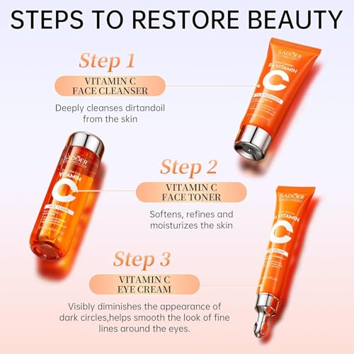 Vitamin C Skincare Set With Cleanser, Toner, Face Serum, Face Cream, Eye Cream And Face Lotion, Facial Skin Care Set For Teenage Girls Travel Size - Vegan, Gluten Free, & Cruelty Free