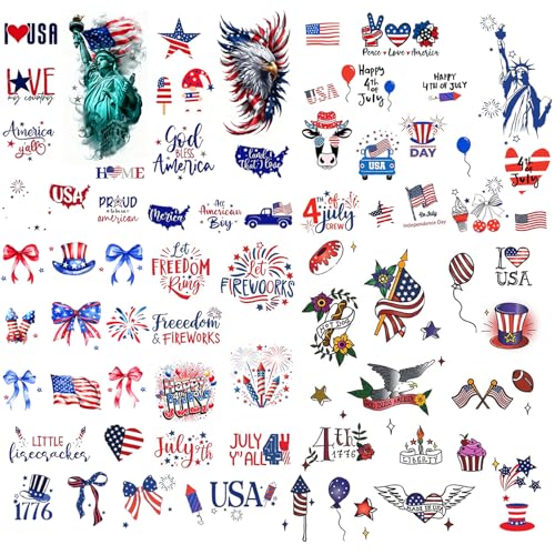 Roarhowl 70 Piece Independence Day Temporary Tattoo Set, Fourth of July US Flag Tattoos, Red White Blue, Adults and Children happy 4th of july tattoos