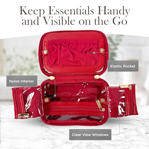 OFT 2024 LITTMINI Lighted Mirror Case - Small Makeup Bag with Detachable Mirror & Multiple Pouches for Organization - Vegan Leather, Mini Makeup Bag Ideal for Travel & Everyday Essentials (Red)