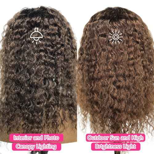 Chocolate Brown Deep Wave Headband Wig Human Hair #4 Colored Curly Headband Wigs for Black Women Human Hair Glueless None Lace Front Wigs Brazilian Virgin Hair Wig Machine Made 150% Density 16 Inch