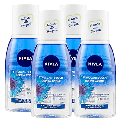 NIVEA Double Action Eye Makeup Remover with Purified Water and Cornflower Extracts Eliminate Waterproof Makeup - 4 x 125ml Bottles