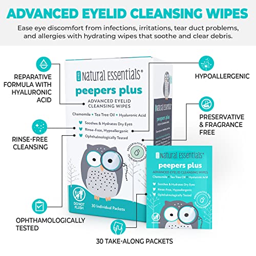 Peepers Plus Advanced Eyelid Wipes by Natural Essentials, Eyelash & Eye Wipes for Daily Use, Hydrating & Moisturizing Hyaluronic Acid & Tea Tree Oil Soothes Allergy Red & Dry Eyes, 30 Count