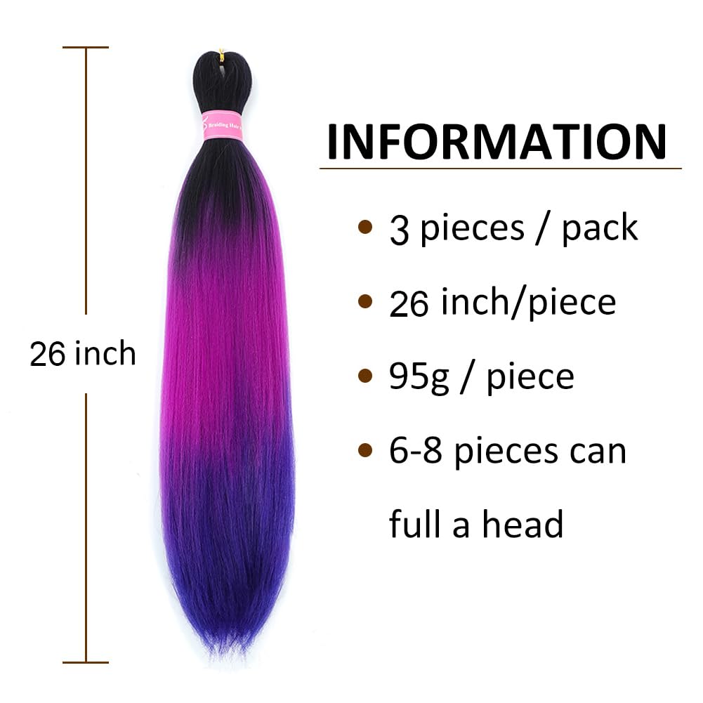 AFNOTE Pre Stretched Braiding Hair Extensions for Braids 26 Inch 3 Packs Ombre Purple Braiding Hair Pre Stretched Professional Synthetic High Temperature Braid Hair Extension-Black/Purple Red/Purple