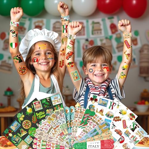 Italy Party Favors Set - 72 Tattoos & 24 Slap Bracelets