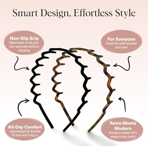 Kitsch Zig Zag Comb Headbands for Women - 2 Pack Black & Tortoise