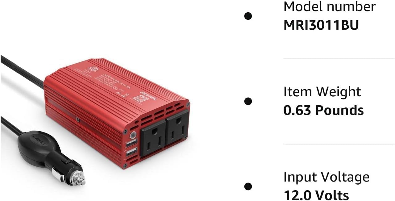 BESTEK 300W Power Inverter DC 12V to 110V AC Car Inverter with 4.2A Dual USB Car Adapter