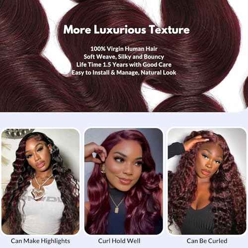 99j Dark Burgundy Body Wave Bundles Human Hair 22 Inch, 12A Soft And Shiny Red Wine Colored Bundles 100% Brazilian Virgin Remy Hair Sew In Weave Single Human Hair Bundle Chic #99j Color