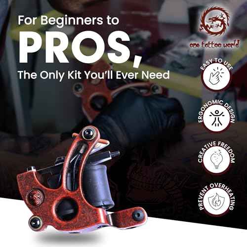 One Tattoo World Complete Tattoo Kit - 4 Tattoo Machines, Digital Power Supply, 54 Color 5ml Tattoo inks, Grips, Needles Transfer Paper, and more- OTW-KTB454