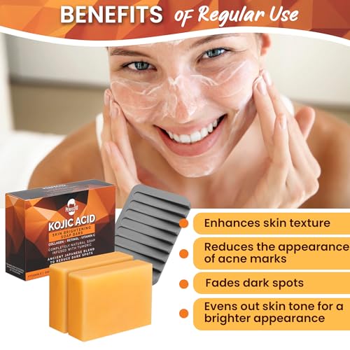 Perfecto Kojic Acid Soap Bar for Hyperpigmentation - All-Natural Kojic Acid Turmeric Bars - Can Reduce Dark Spots - Skin Soap with Vitamin C, Retinol, Collagen -100g x 2 Bars