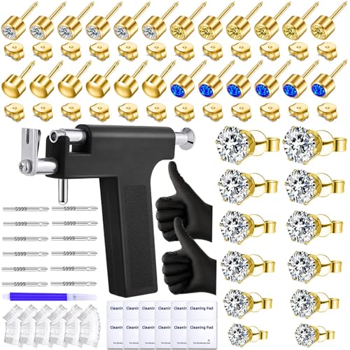 Novopiercing Gold Self Ear Piercing Gun Kit with 18 Pairs of CZ & Steel Ear Studs