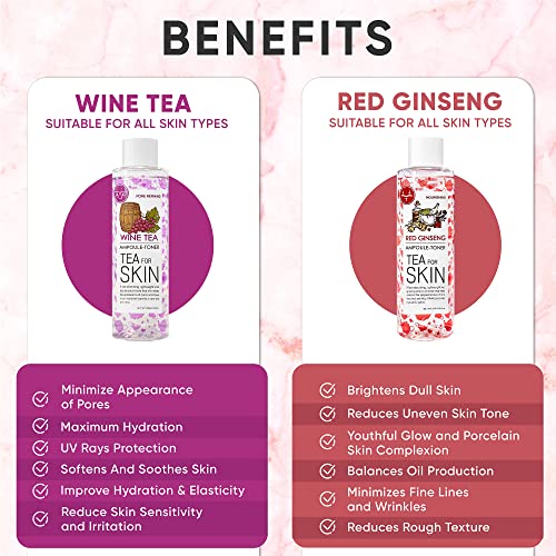 Korean Toner for Face, Wine Tea & Red Ginseng Essence Toner 2pcs Set, Hydrating Toner Korean, Alcohol Free, for Acne, Oily, Combination or Dry Skin, Low pH Balancing & Pore Minimizing Toners for Women