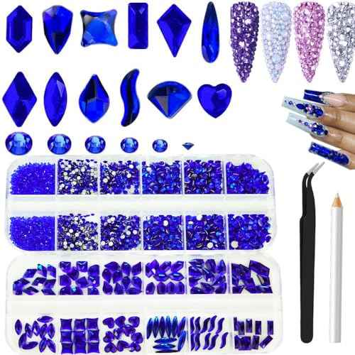 2680Pcs Royal Blue Nail Rhinestones Gems, 120pcs Multishapes Cobalt Blue Glass Big Nails Gem Stones with Bling Flatback Round Beads, Dark Blue Clear Diamond Rhinestone for DIY Face Eyes Makeup Crafts