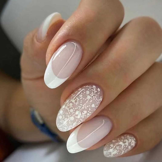 Enppode French Tip Press on Nails Medium Fake Nails Almond Acrylic Nails White Stick on Nails Glossy Nails for Women and Girls