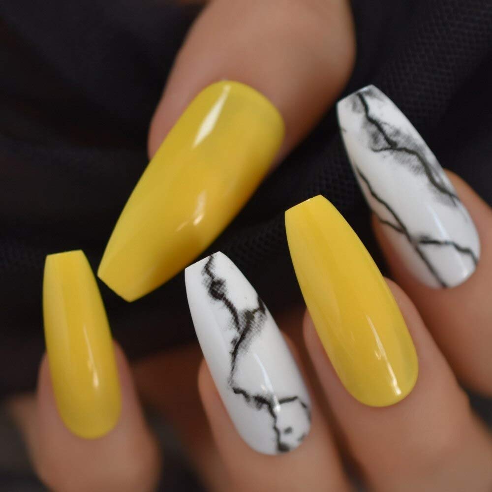 Coolnail Glossy Nails Yellow White Marble Press on False Nails Extra Long Coffin Ballerina Frosted UV Detachable Fingersnails Beauty