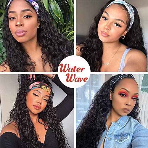 Water Wave Headband Wig Human Hair for Black Women 18 Inch Wet and Wave Headband Wig Brazilian Virgin Hair Glueless None Lace Front Water Wave Wigs Human Hair Natural Black 150% Density