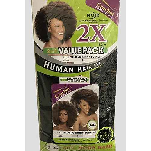 Janet Collection Synthetic Hair Braids Noir Afro Kinky Bulk 24" (6-Pack, 1B)
