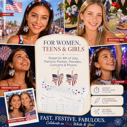 10pc Patriotic Glitter Face Tattoos & Bow Earrings Set