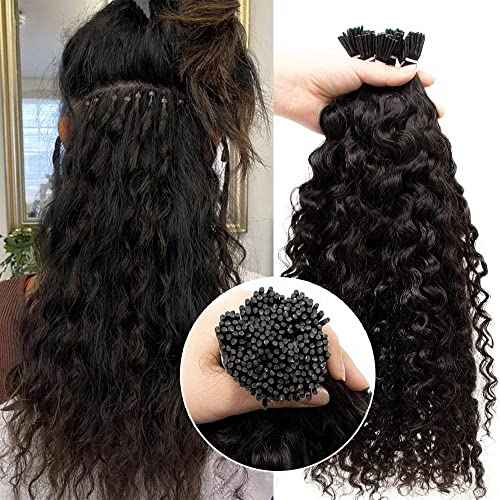 50G/Pack 28Inch Long I Tip Hair Extensions Human Hair 4-5 Packs for Full Head Pre Bonded I Tip Hair Bundles Cold Fusion Ketatin Stick Tippeds Real Human Hair Kinky Curly #1B I Tip Hair Extensions
