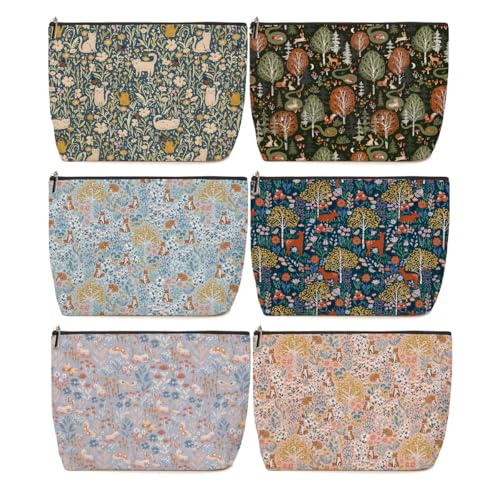 6 Pieces Makeup Bag Forest Fox Garden Cat Deer Rabbit Floral Aesthetics Skincare Bag Travel Toiletry Bag Makeup Pouch Cosmetic Bag Thank You Friendship Gifts for Women Mom Friends Bestie Coworker Aunt