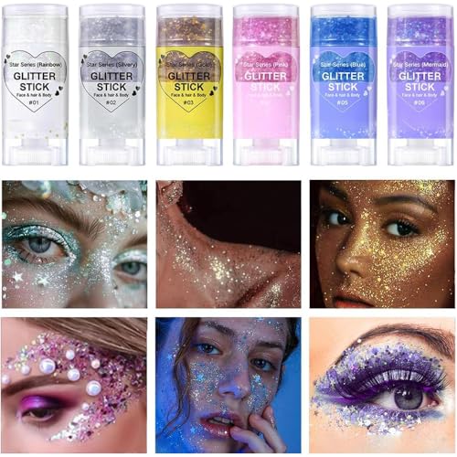 Silvery Body Glitter Stick, Glitter Hair Sticks for Women Sparkling Cheer Glitter Makeup Singer Concerts Disco Music Halloween Christmas, Holographic Chunky Sequins Face Glitter Gel Stick