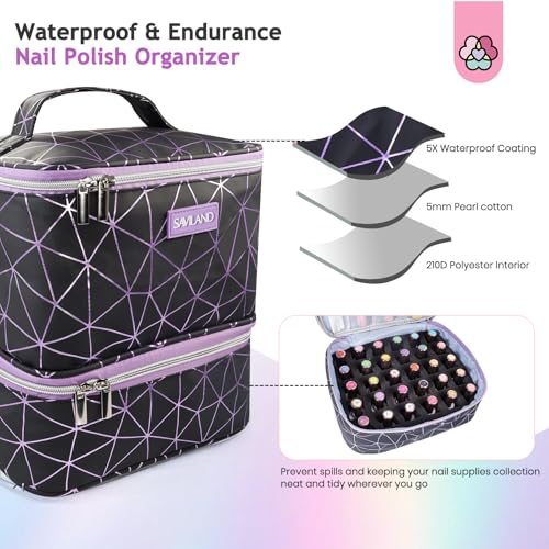 SAVILAND Nail Polish Organizer Bag: PU Leather Nail Kit Organizer Holds 30 Bottles & Nail Lamp, Black Nail Supply Organizer Nail Polish Carrying Case Gel Nail Organizers and Storage Box for Nail Tech
