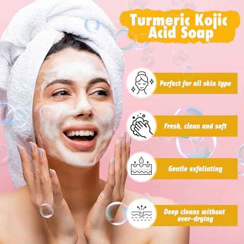 Lemon Turmeric Kojic Acid Soap Bar, Turmeric Soap Bar with Vitamin E for Dry Sensitive Skin, Lemon Soap for Face, Body Hands 2 Bars