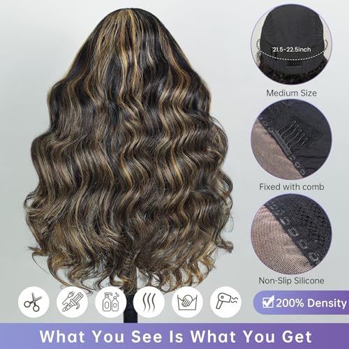 MEGALOOK Highlight Ombre HD 13x4 Lace Front Wigs Human Hair Pre Plucked 200% Density Balayage Wig Human Hair Body Wave Lace Front Wigs Human Hair for Women FB27# 24 Inch