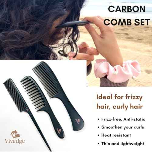 VIVEDGE| Curly Hair Comb Set | Carbon Fiber Detangler Wide Tooth Parting Combs anti static frizz-free with Premium Acccessories for Styling | Gift set for loved ones (Black-Pink)