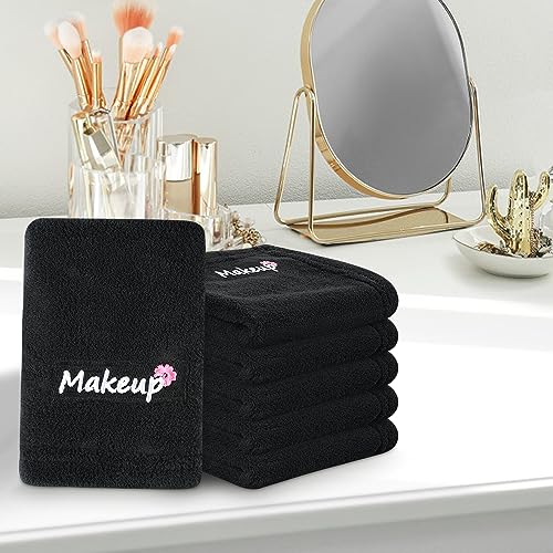 SINLAND Plush Microfiber Makeup Remover Wash cloths Reusable embroidery Face Cloths Ultra Soft Coral Fleece Fingertip Face Towels for Make Up Removal 12 x 12 Inch 6Pack Black