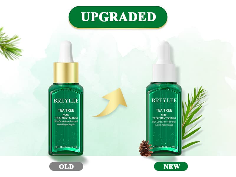 Tea Tree Oil Acne Serum, BREYLEE 2.0 Treatment Acne Prone Sensitive Skin Care Face Serum to Cystic Acne Scars, Redness Relief, Pimples Dark Spots Remove, Niacinamide Facial Moisturizer,17ml/0.6fl oz