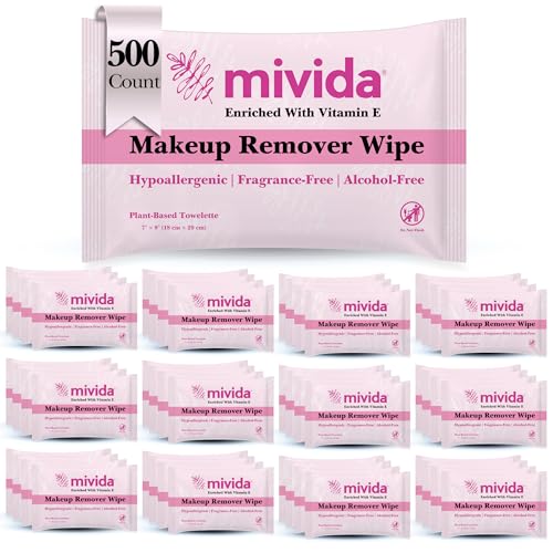 mivida 500 Count Hypoallergenic Bulk Individually Wrapped Makeup Remover Wipes with Vitamin E | Dermatologist Tested | Alcohol-Free, Fragrance-Free makeup wipes | bulk makeup wipes