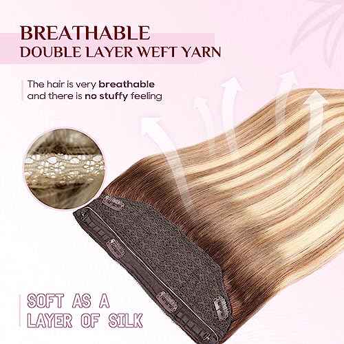 Halo Hair Extensions - Dark Brown to Gold Blonde and Bleach Blonde Adjustable Size Removable Secure£¬Halo Extensions Real Human Hair, 3/8/22 80g 18Inch