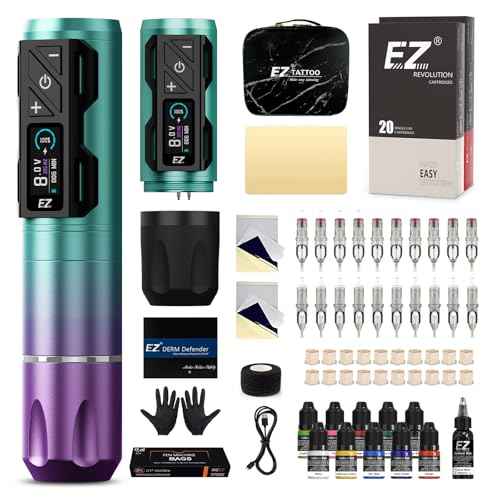 EZ Tattoo Kit - Tattoo Gun Kit with Wireless Tattoo Machine Pen, 1800mAh Power Supply Battery, 20Pcs Tattoo Cartridge Needles and 11 Color Inks for Tattoo Beginners and Artists (P2S Pro Purple Blue)