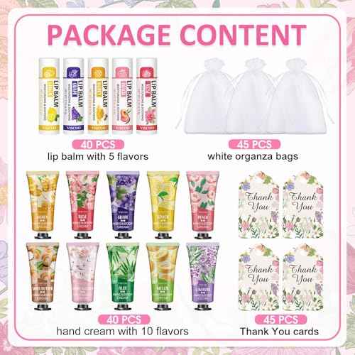 VISCOO 40 Sets Hand Cream Bulk and Lip Balm Bulk Gifts, Stocking Stuffers for Women Teengirls, Christmas Gifts,Bridesmaid Gifts for Guests with Thank You Card Organza Bags,Thank You Gifts, Small Gifts