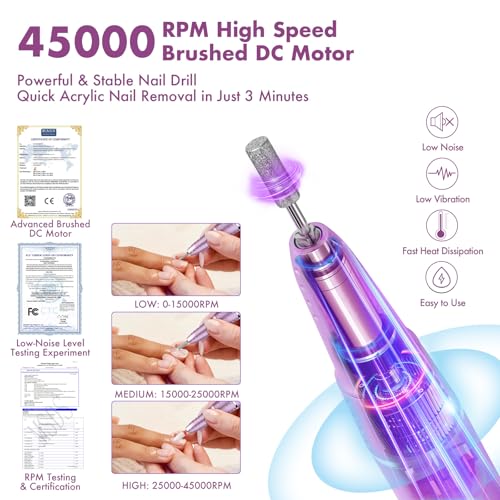 Purple Pro Vrenmol 45000 RPM Electric Nail Drill Kit with Touchscreen & 12 Bits