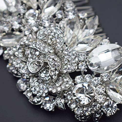 Bride Side Hair Piece Clip for Women Silver Rhinestone Wedding Hair Comb Clips (White)