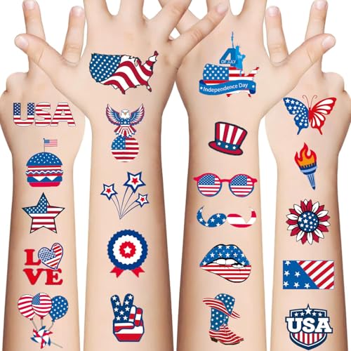 4th of July Temporary Tattoo Adults Fake Tattoos Independence Day Fourth of July Waterproof Body Art Stickers Red White Blue Memorial Decorations for Labor Day Party USA National Flag 20 Sheets