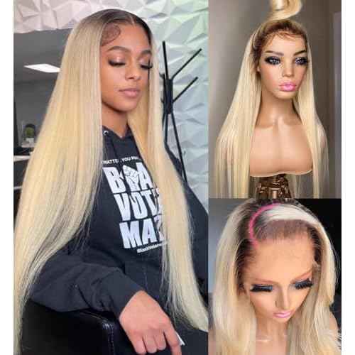 13x4 HD Lace Frontal Wigs 1B613 Ombre Blonde Human Hair Pre Plucked 150% Density 24 Inch Straight Bleached Knots with Dark Roots Transparent Invisible Glueless Lace Front Human Hair wigs for Women