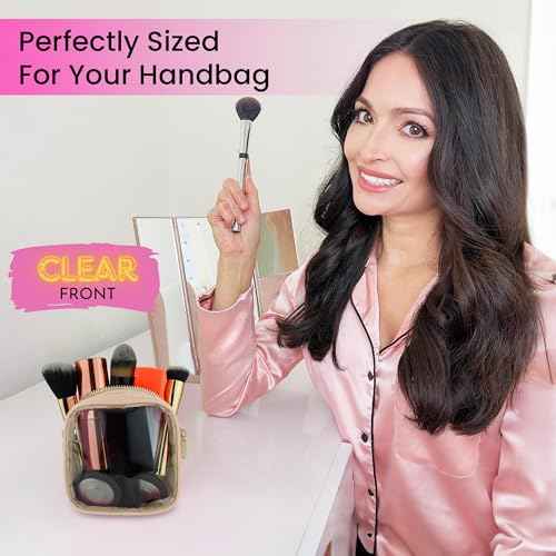 Beige Mini Makeup Bag - Clear Travel Cosmetic Case With Pouch, Small Cosmetic Pouch for Purse