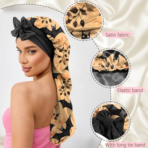 Long Satin Sleep Bonnet for Women & Girls - Soft Silk-Lined Nightcap with Tie - Orange Bat Ao13