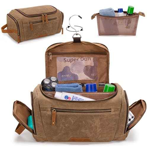 YARWO Hanging Toiletry Travel Bag for Men, Large Waxed Canvas Men Dopp Kit Hygiene Bag with Detachable Zipper Pouch, Water-resistant Shaving Storage Bag for Razor, Shower Essentials, Travel Toiletries