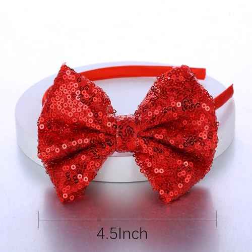 Kiszu Sparkly Sequin Hair Bow Headbands Fashion Glitter Cute Boutique Ribbon Bows for Girls, Kids, and Women (Red)