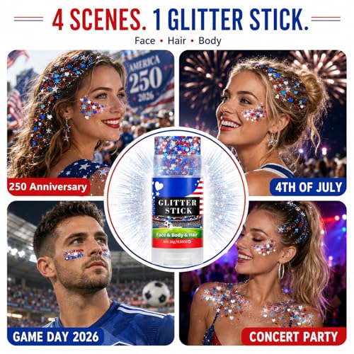 Go Ho Red White Blue Glitter Stick - Waterproof Face & Body Makeup